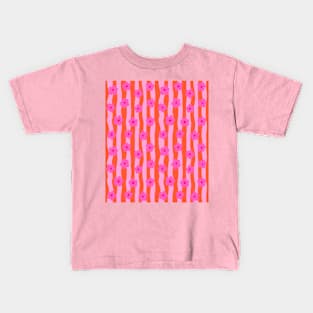 Pink Groovy Flowers on a Wavy, Stripy Orange Background Kids T-Shirt